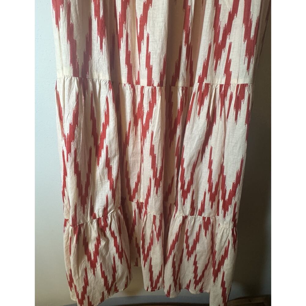 Guadalupe SZ Large Meredith Red Ikat Dress drop waist 1/4 button Cottagecore - Picture 8 of 11